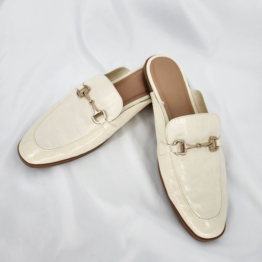 Cream Croc Embossed Gold Horsebit Womens Loafer Mules Size 10 Old Money Academia